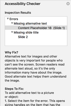 The Accessibility Checker pane in PowerPoint showing several issues with text on why they should be fixed and how.