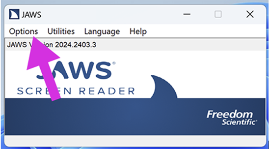 The JAWS context menu with an arrow pointing to the Options menu item.
