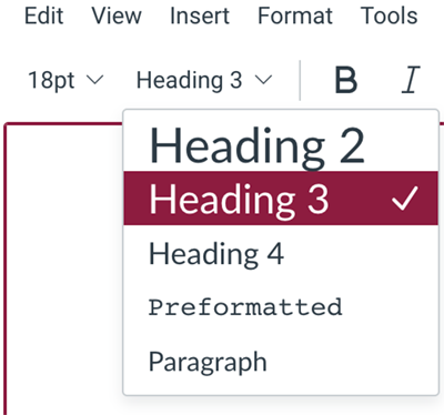 Canvas rich content editor heading dropdown