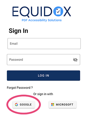 The Google sign in bottom is below the Equidox login fields