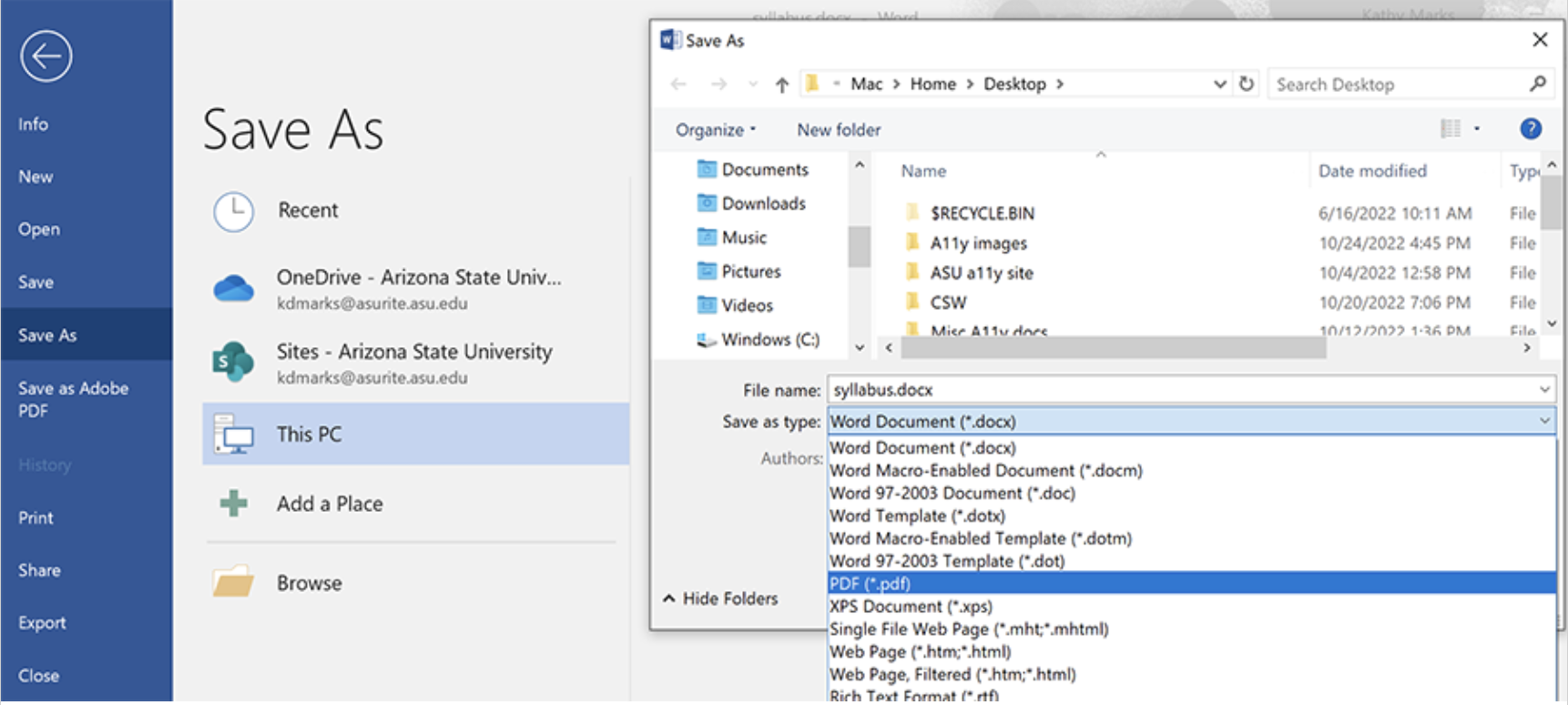 Screenshot of Windows Word Save As pane